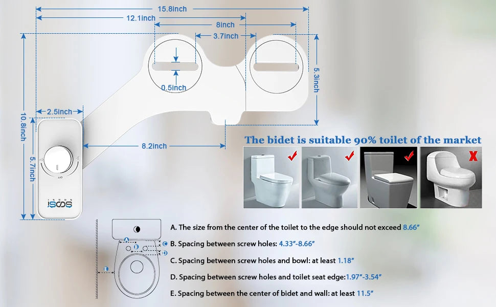 Sedile per WC con bidet non elettrico con controllo della pressione, ugelli doppi autopulenti retrattili per lavaggio frontale e posteriore