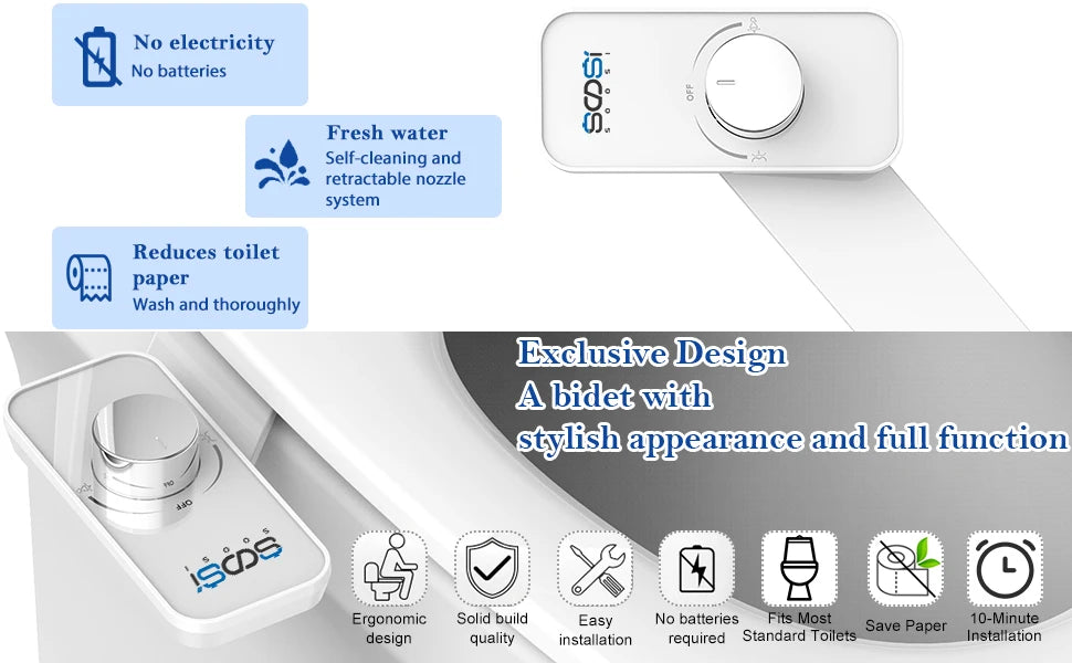 Sedile per WC con bidet non elettrico con controllo della pressione, ugelli doppi autopulenti retrattili per lavaggio frontale e posteriore