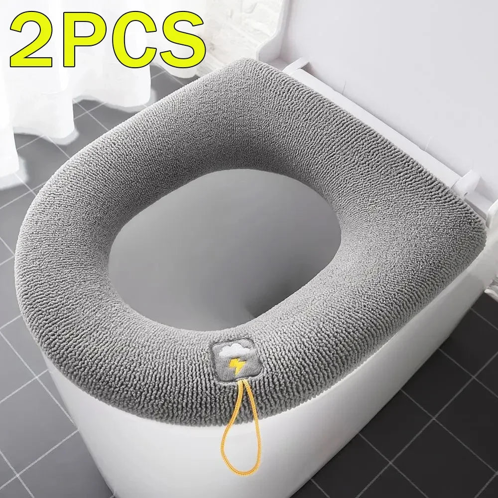 2PCS Winter Warm Toilet Seat Cover - Fluffy Universal Pad, Thick Bathroom Cushion for O/U-Shaped Toilet, Easy Install & Washable